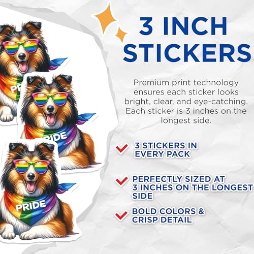 (3 Pack) Sheltie Pride Decals - LGBT Rainbow Stickers - Laptop Decals- 3 Inches On Longest Side - Easy Peel & Apply - Made in USA - 3MCS5744