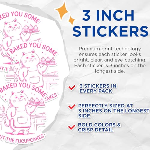 (3 Pack) Shut The Fucupcakes Decals - Funny Cat Decals - Baker Kitty Decal - 3 Inches On Longest Side - Easy Peel & Apply - Made in USA - 3MCS1811