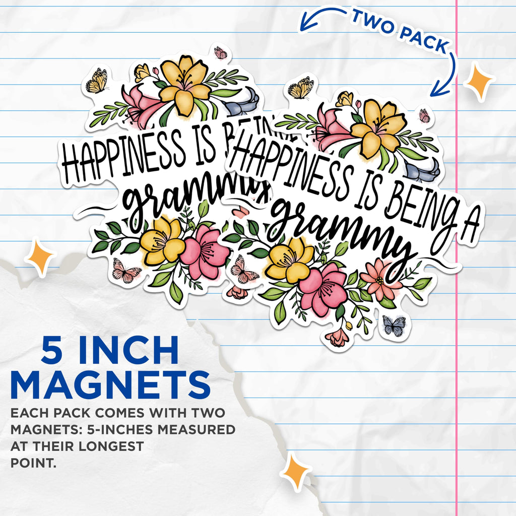 (2 Pack) Happiness is Being a Grammy Magnets - Floral Butterfly Magnets - Family Love Refrigerator Magnets- 5" On Longest Side - for Fridges, Toolboxes, Cars - Made in USA - MAG2948
