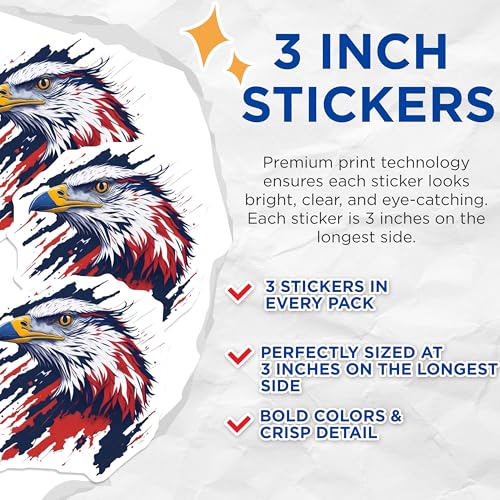 (3 Pack) Eagle Decals - American Flag Decals - Patriotic Art- 3 Inches On Longest Side - Easy Peel & Apply - Made in USA - 3MCS5523