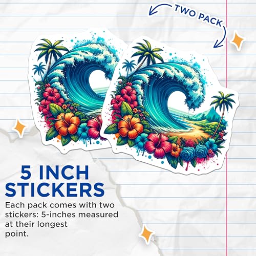 (2 Pack) Tropical Hawaiian Wave Stickers - Beach Paradise Scene - Aloha Floral Hibiscus - Ocean Island Vibes - 5" On Longest Side - Sticks to Smooth Flat Surfaces - Made in USA - BMCS6996
