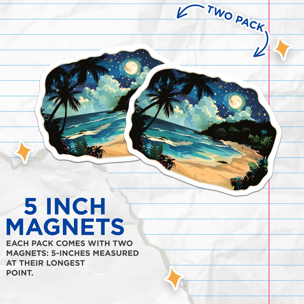 (2 Pack) Moonlit Beach Magnets - Tropical Night Scene - Starry Palm Tree Decor for Fridge Locker - 5 Inches On Longest Side - Thick Durable Magnet - Made in USA - MAG39147