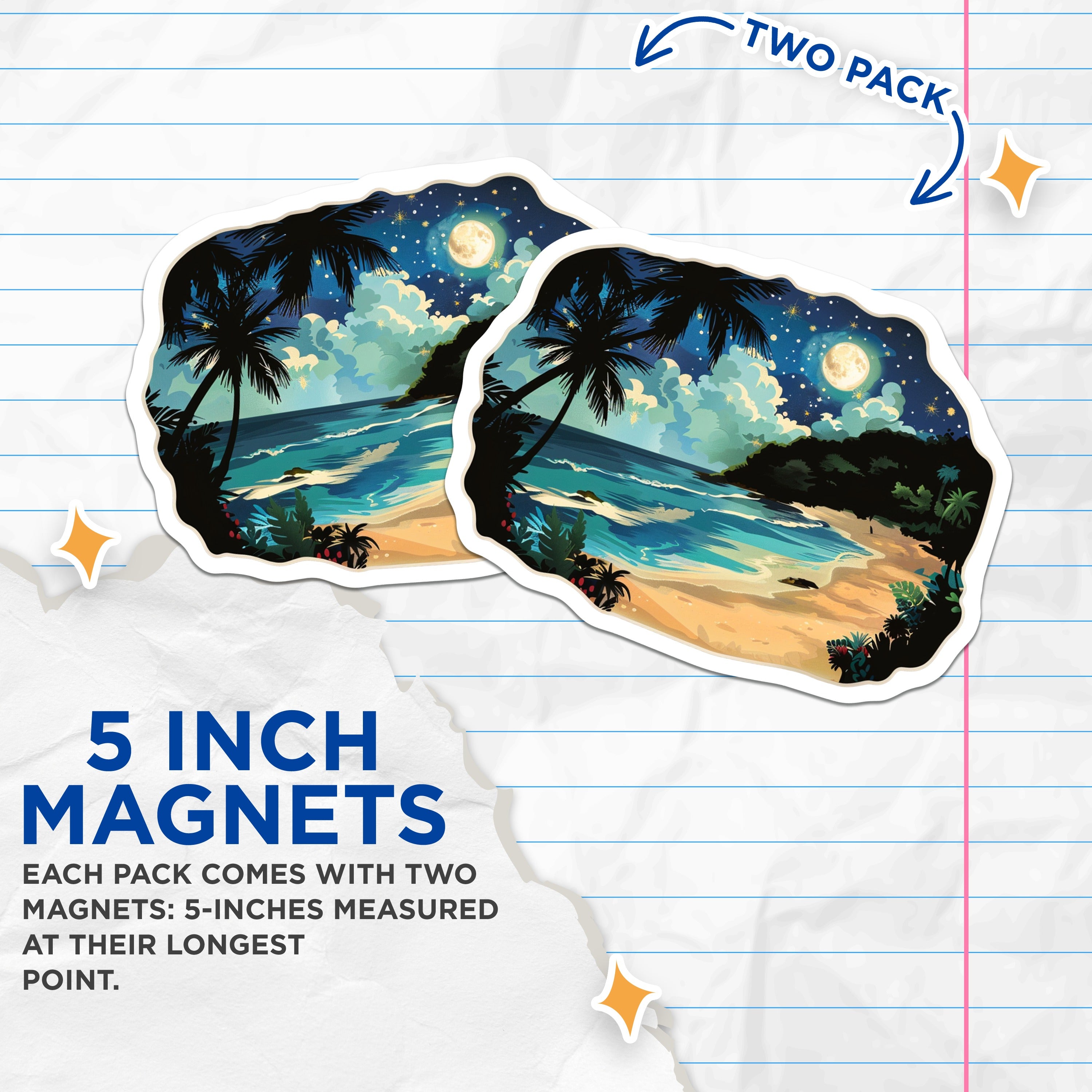 (2 Pack) Moonlit Beach Magnets - Tropical Night Scene - Starry Palm Tree Decor for Fridge Locker - 5 Inches On Longest Side - Thick Durable Magnet - Made in USA - MAG39147