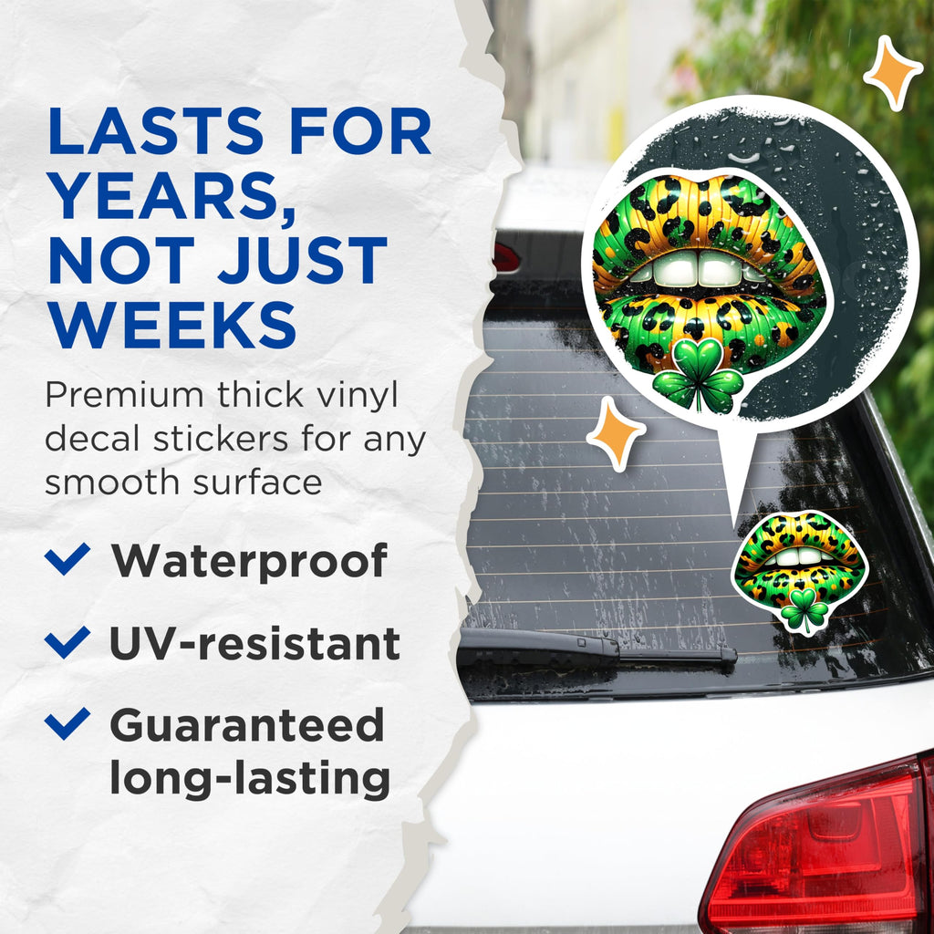 (2 Pack) Leopard Lips Stickers - St Patricks Day - Irish Shamrock Stickers - 5" On Longest Side - Sticks to Smooth Flat Surfaces - Made in USA - BMCS17136