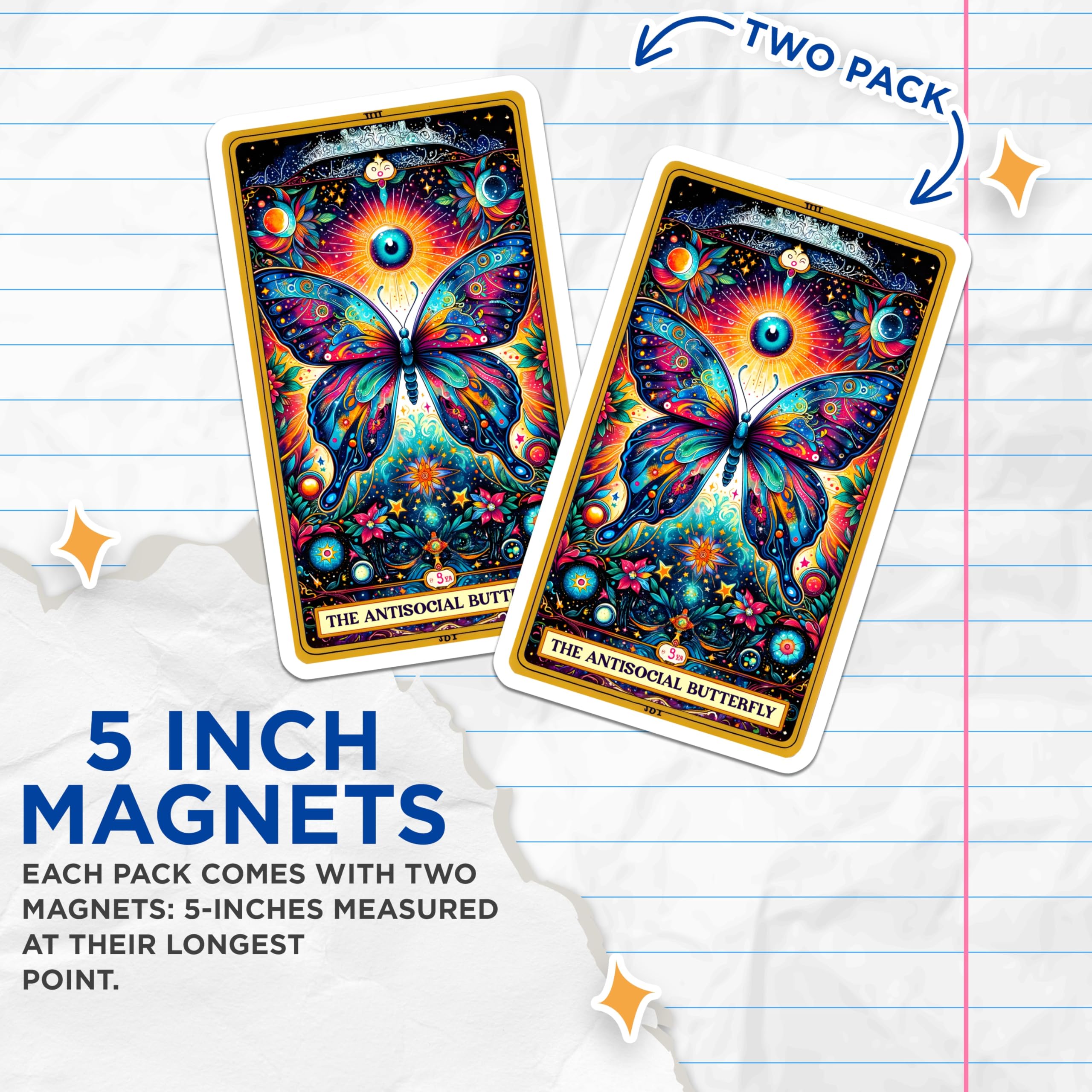 (2 Pack) Antisocial Butterfly Magnets - Psychedelic Art Decor - Cosmic Tarot Aesthetic - 5 Inches On Longest Side - Thick Durable Magnet - Made in USA - MAG30070