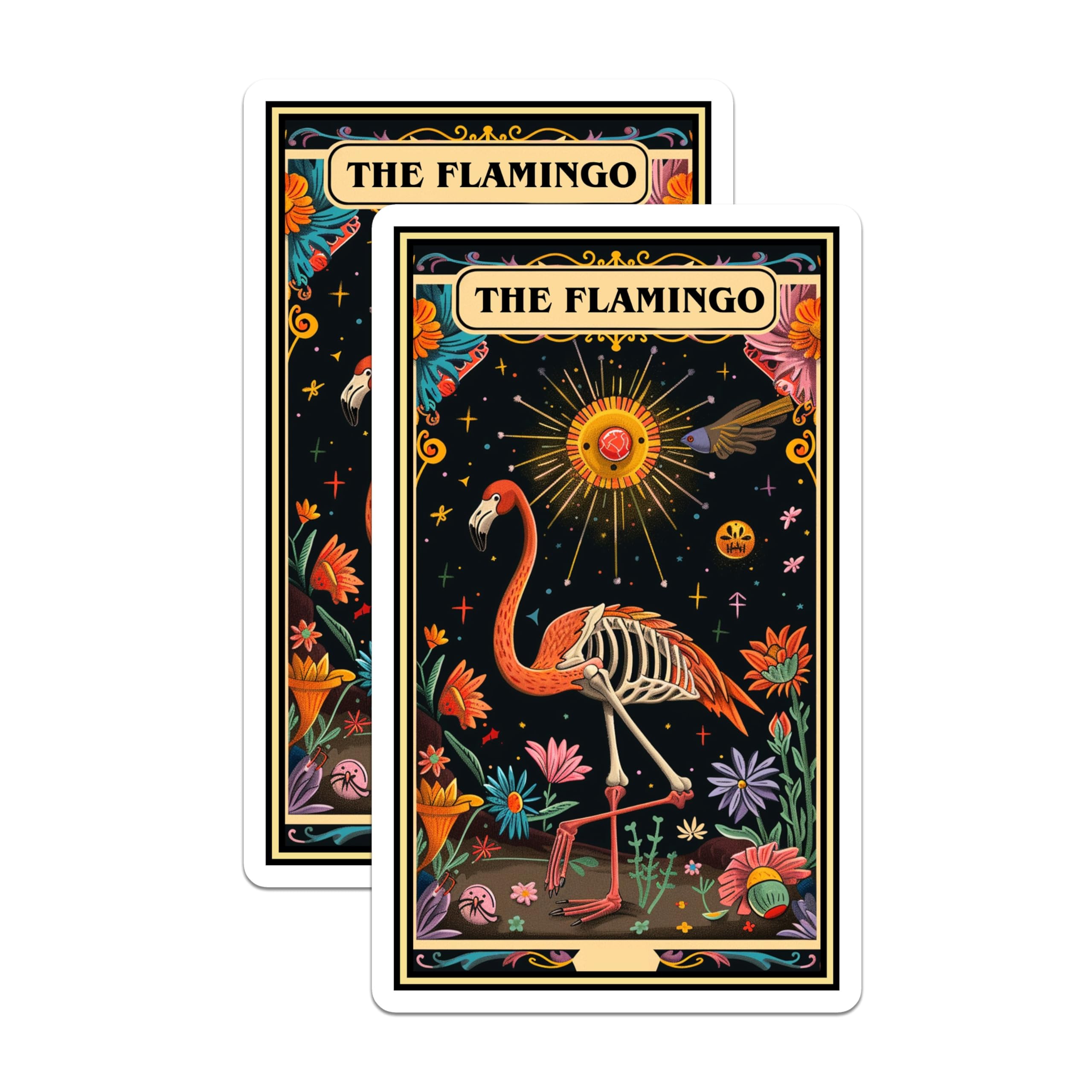 (2 Pack) The Flamingo Stickers - Skeleton Flamingo Decor - Flower and Sun Design Stickers - 5" On Longest Side - Sticks to Smooth Flat Surfaces - Made in USA - BMCS3672