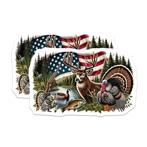 (2 Pack) Wildlife Hunting Stickers - American Flag Nature - Deer Fishing Turkey Duck Art - 5" On Longest Side - Sticks to Smooth Flat Surfaces - Made in USA - BMCS6020