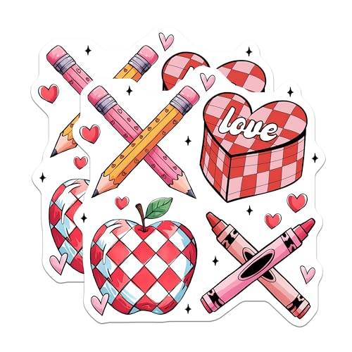 (2 Pack) Love Themed Stickers - Cute Heart Pencil Crayon Apple - Fun School Supplies - 5" On Longest Side - Sticks to Smooth Flat Surfaces - Made in USA - BMCS7650