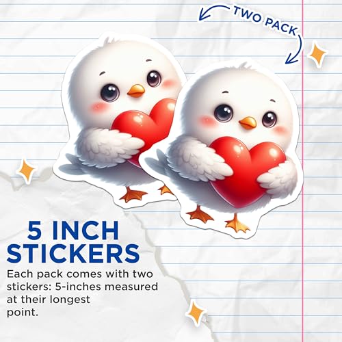 (2 Pack) Cute Bird Holding Heart Stickers - Adorable Animal Stickers - Kawaii Bird Decal - 5" On Longest Side - Sticks to Smooth Flat Surfaces - Made in USA - BMCS3667