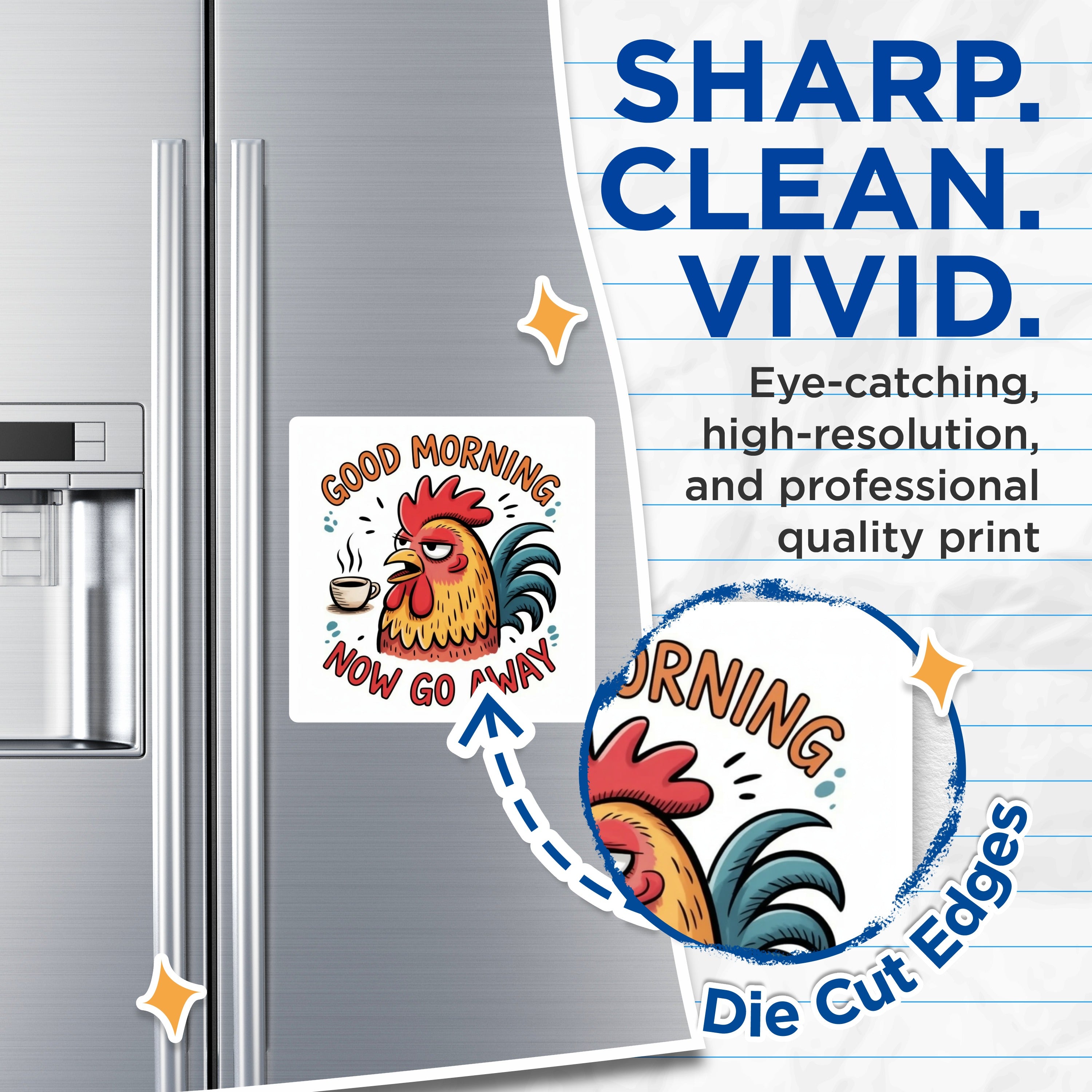(2 Pack) Grumpy Rooster Magnets - Sarcastic Coffee Decor - Funny Chicken Lover Joke - 5 Inches On Longest Side - Thick Durable Magnet - Made in USA - MAG36261