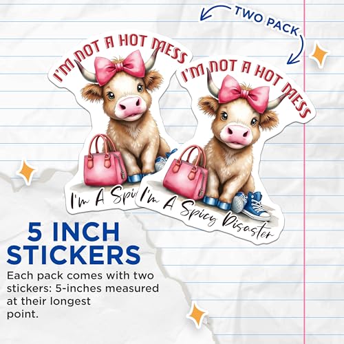 (2 Pack) I'm Not A Hot Mess Stickers - Funny Cow Stickers - Cute Animal Stickers for Laptops and Water Bottles - 5" On Longest Side - Sticks to Smooth Flat Surfaces - Made in USA - BMCS4245