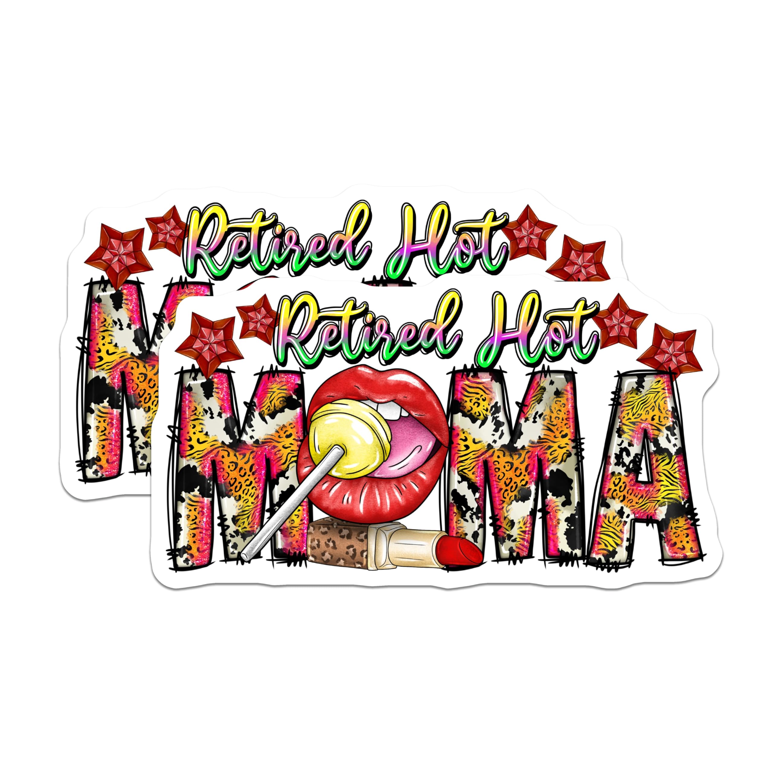 (2 Pack) Retired Hot Moma Magnets - Sassy Leopard Print - Fun Lips Lollipop Decor - Boss Mom Fridge Accessory - 5 Inches On Longest Side - Thick Durable Magnet - Made in USA - MAG23644
