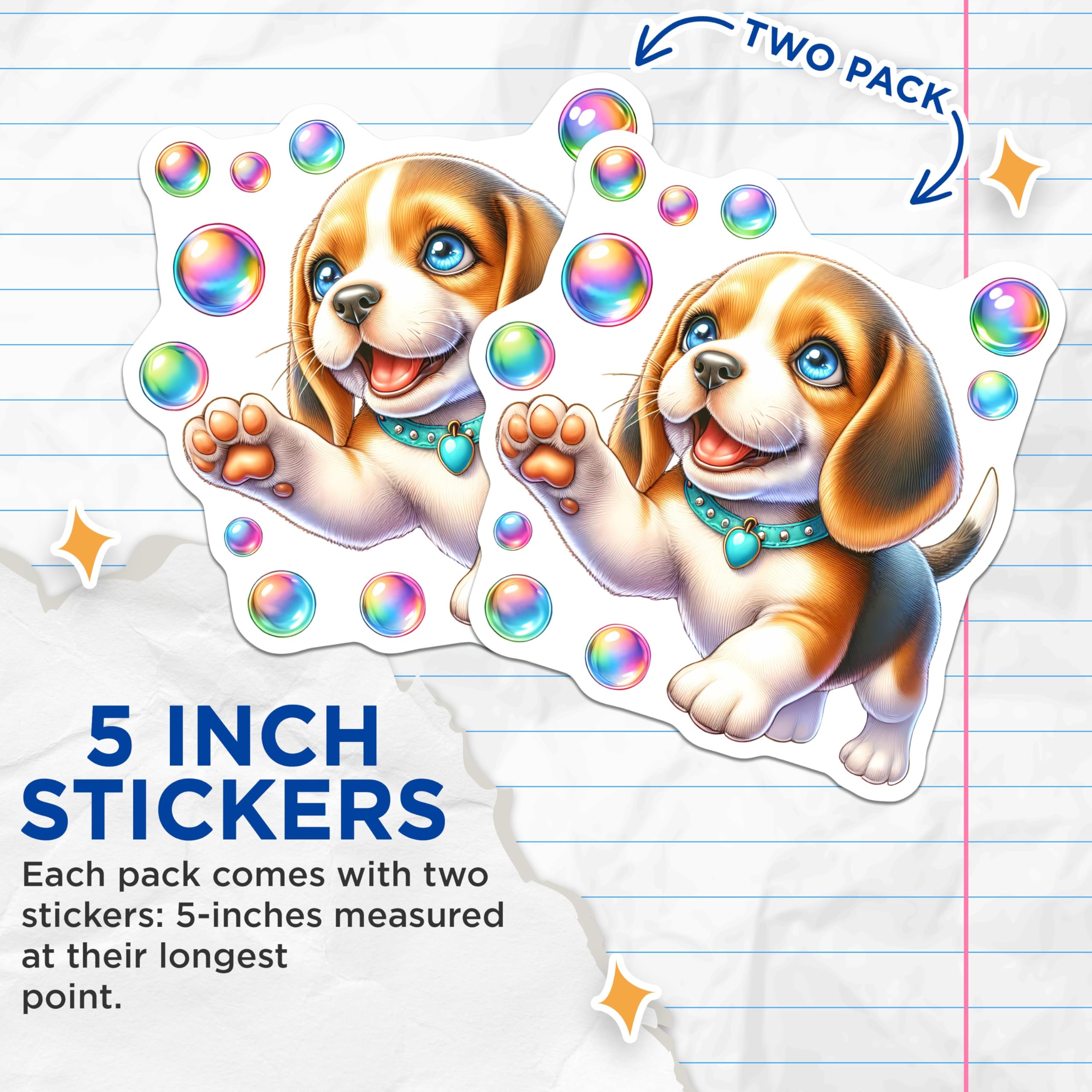 (2 Pack) Cute Puppy Stickers - Colorful Bubbles - Kawaii Animal Fun - 5" On Longest Side - Sticks to Smooth Flat Surfaces - Made in USA - BMCS9617