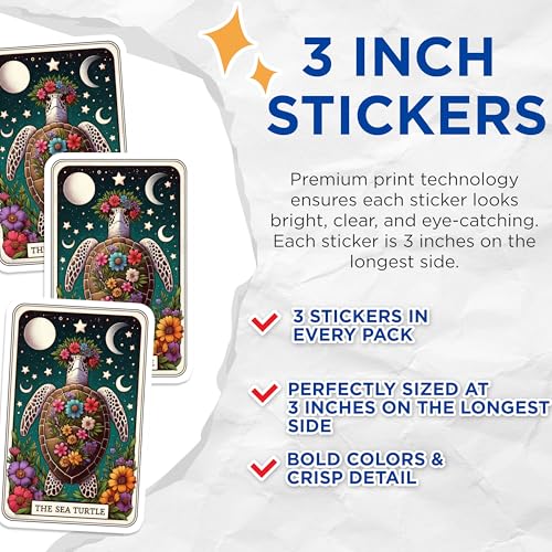 (3 Pack) Sea Turtle Decals - Floral Crown Turtle - Celestial Laptop Decals - 3 Inches On Longest Side - Easy Peel & Apply - Made in USA - 3MCS4262