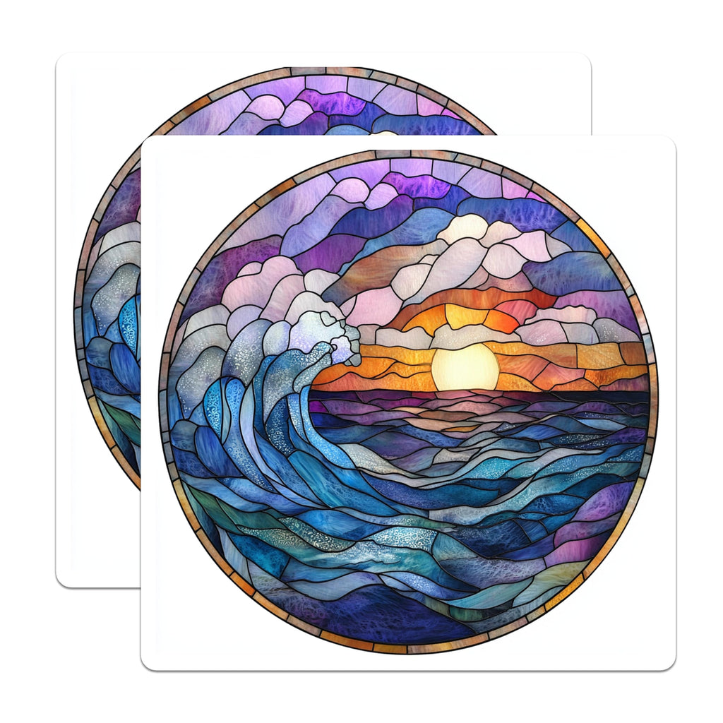 (2 Pack) Stained Glass Wave Magnets - Ocean Sunset Art - Coastal Home Decor - 5 Inches On Longest Side - Thick Durable Magnet - Made in USA - MAG30852