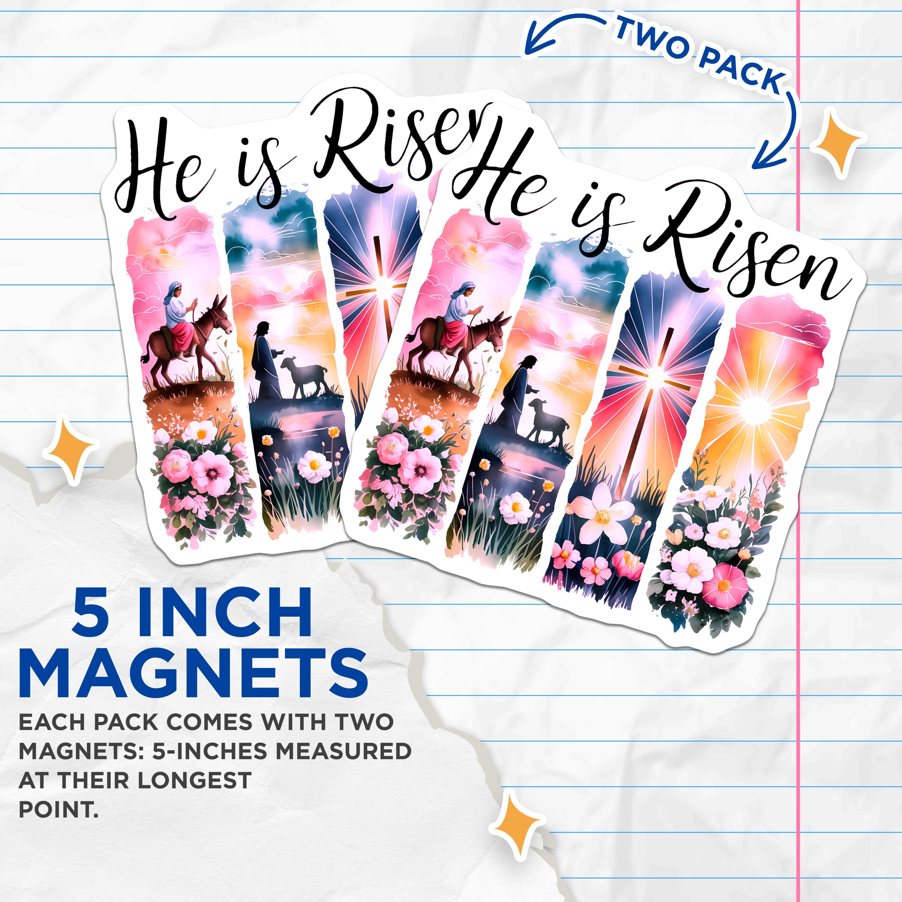 (2 Pack) He is Risen Easter Magnets - Christian Resurrection Scene - Watercolor Faith Home Decor - 5 Inches On Longest Side - Thick Durable Magnet - Made in USA - MAG36160