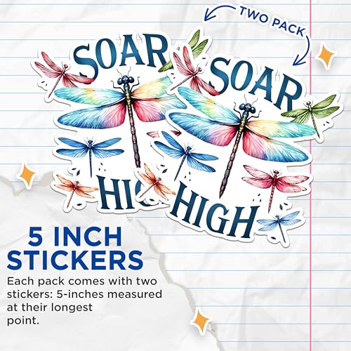 (2 Pack) Dragonfly Inspirational Stickers - Motivational Quote - Soar High - 5" On Longest Side - Sticks to Any Smooth Flat Surface - Made in USA - BMCS2691