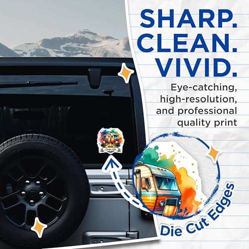 (2 Pack) Camp Life Stickers - Retro Camper - Outdoor Adventure Stickers - 5" On Longest Side - Sticks to Smooth Flat Surfaces - Made in USA - BMCS6947