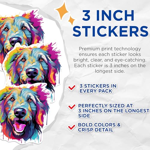 (3 Pack) Colorful Dog Decals - Art Dog Stickers - Laptop Decals - 3 Inches On Longest Side - Easy Peel & Apply - Made in USA - 3MCS0755