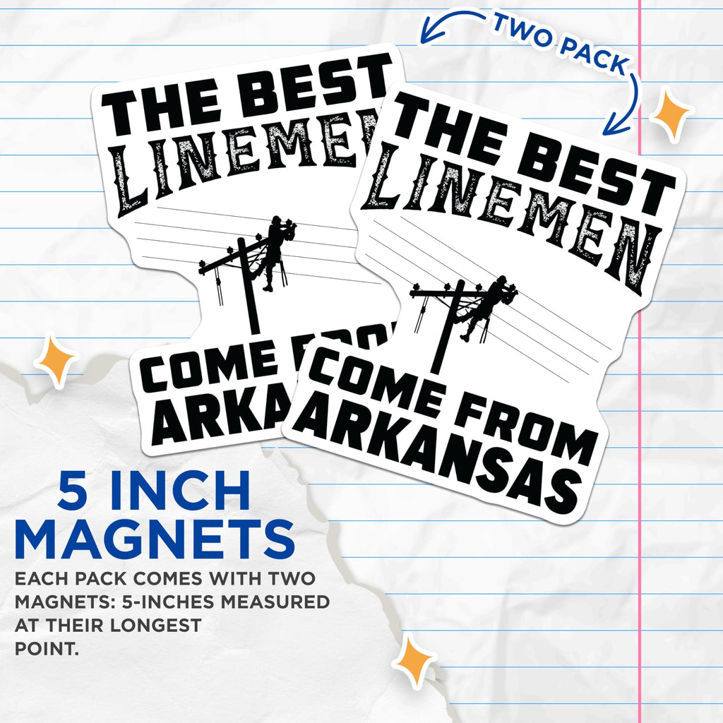 (2 Pack) Lineman Magnets - Arkansas Utility Worker - Electrician Power Pole Design - 5 Inches On Longest Side - Thick Durable Magnet - Made in USA - MAG20435