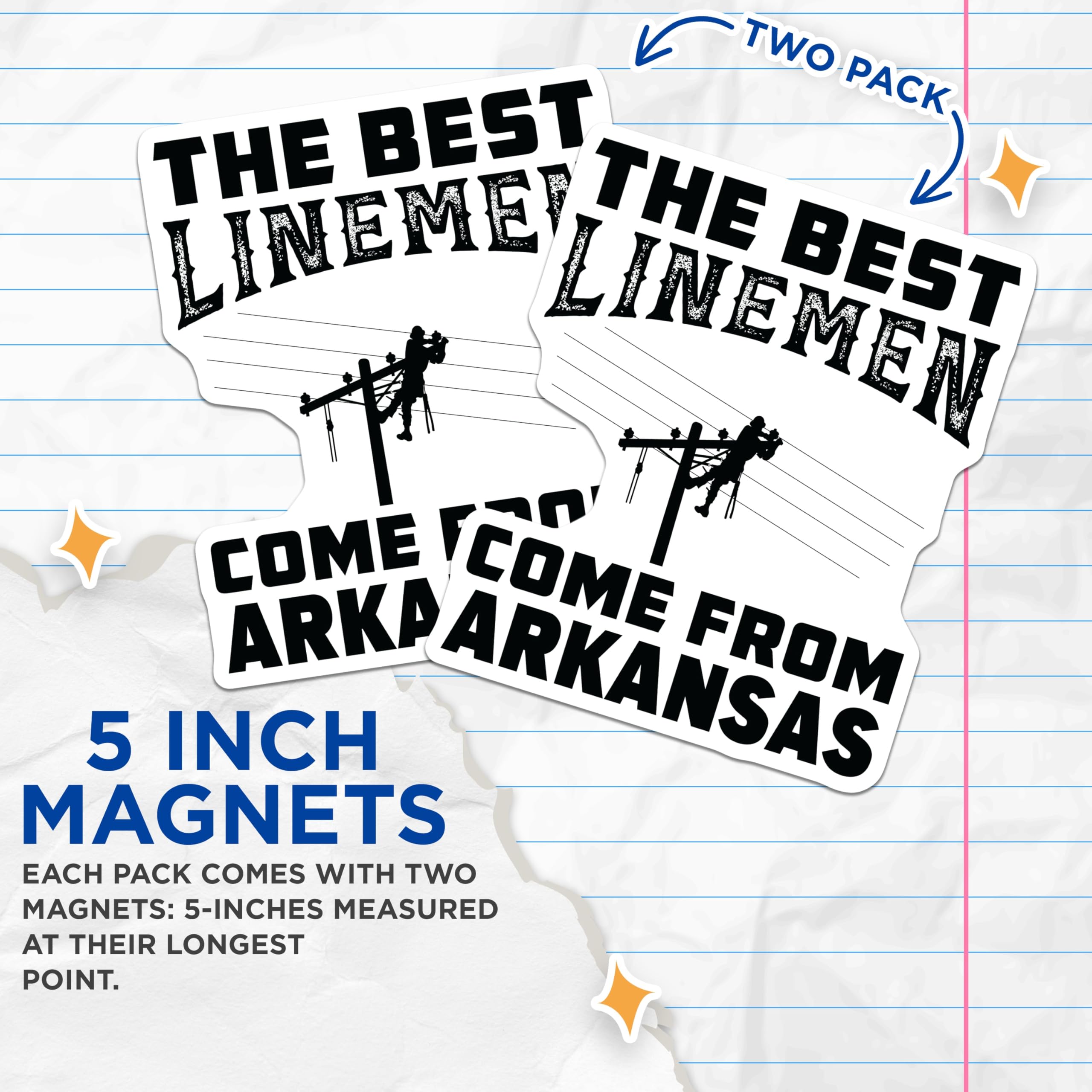 (2 Pack) Lineman Magnets - Arkansas Utility Worker - Electrician Power Pole Design - 5 Inches On Longest Side - Thick Durable Magnet - Made in USA - MAG20435