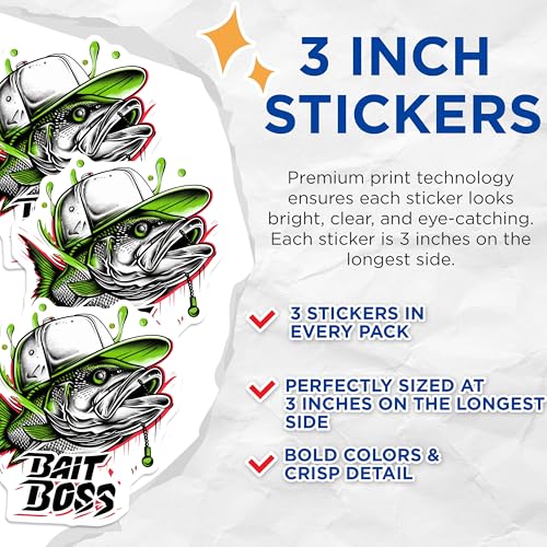 (3 Pack) Bait Boss Decals - Fishing Lover - Fisherman Decal - 3 Inches On Longest Side - Easy Peel & Apply - Made in USA - 3MCS2133