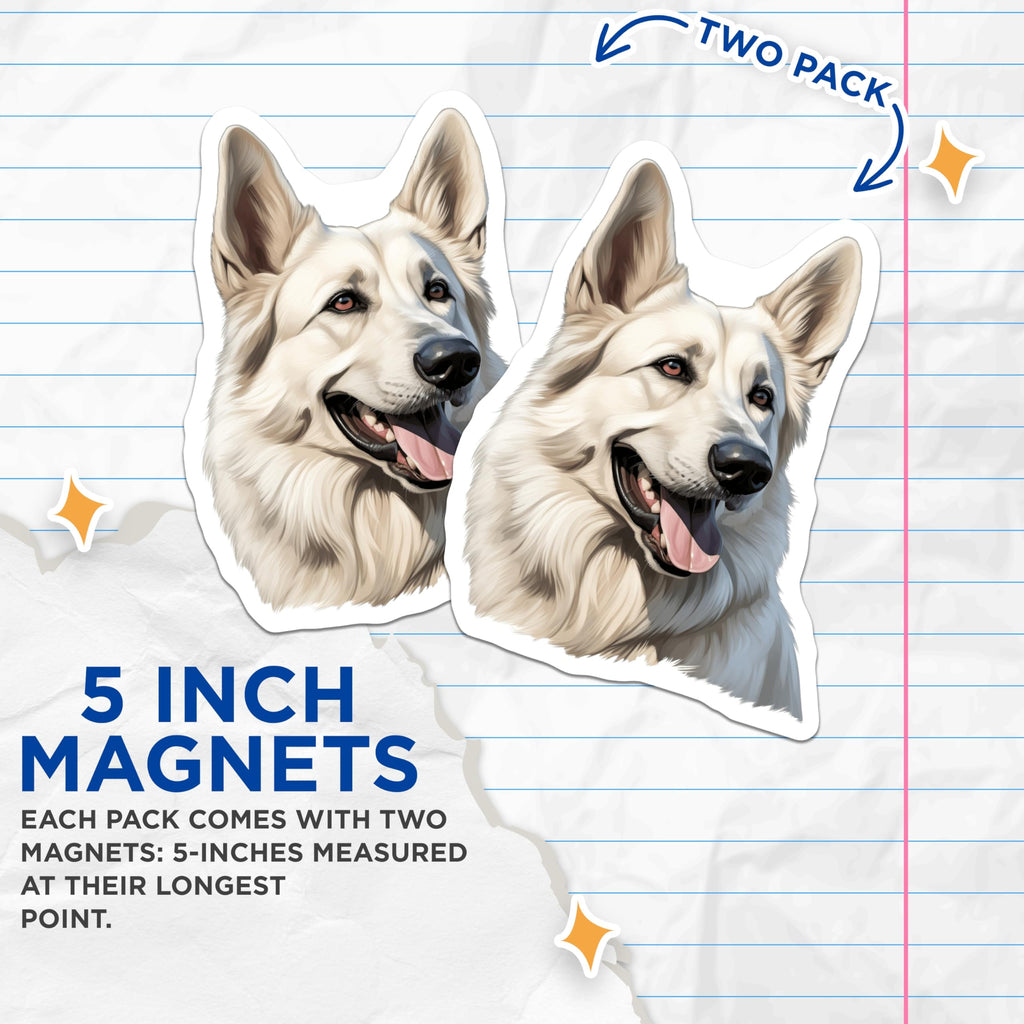(2 Pack) White German Shepherd Magnets - Pet Lover Decor - Dog Breed Art Canine Home - 5 Inches On Longest Side - Thick Durable Magnet - Made in USA - MAG29513