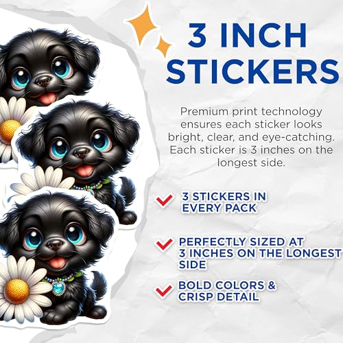 (3 Pack) Black Puppy Decals - Cute Dog Laptop - Daisy Heart Necklace - 3 Inches On Longest Side - Easy Peel & Apply - Made in USA - 3MCS8160