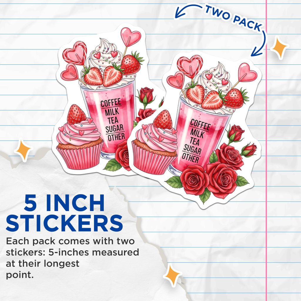 (2 Pack) Kawaii Drink Stickers - Strawberry Milkshake Sticker - Cupcake Rose Stickers - 5" On Longest Side - Sticks to Smooth Flat Surfaces - Made in USA - BMCS17935