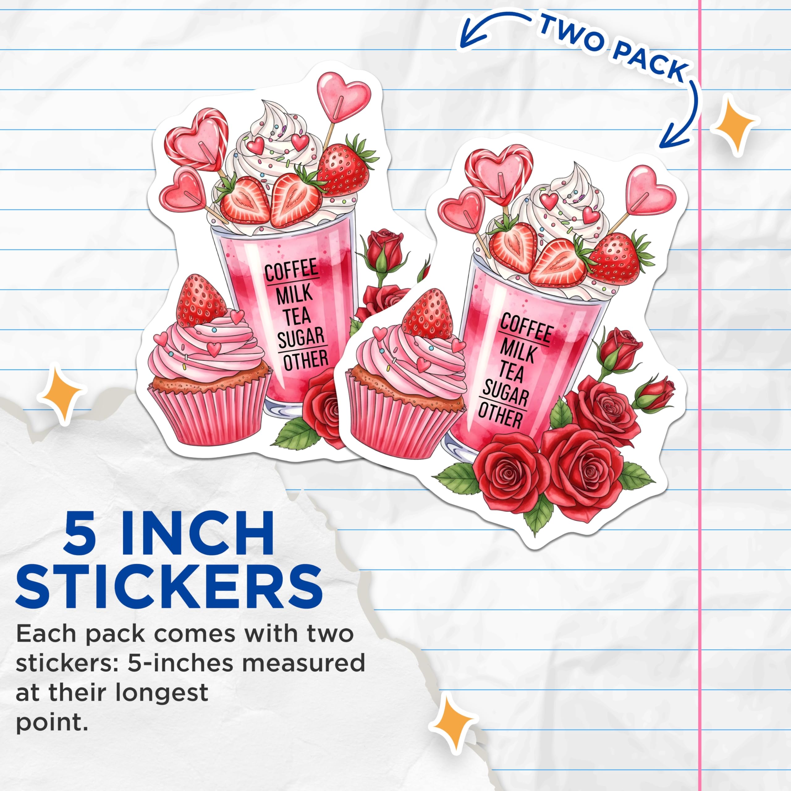 (2 Pack) Kawaii Drink Stickers - Strawberry Milkshake Sticker - Cupcake Rose Stickers - 5" On Longest Side - Sticks to Smooth Flat Surfaces - Made in USA - BMCS17935