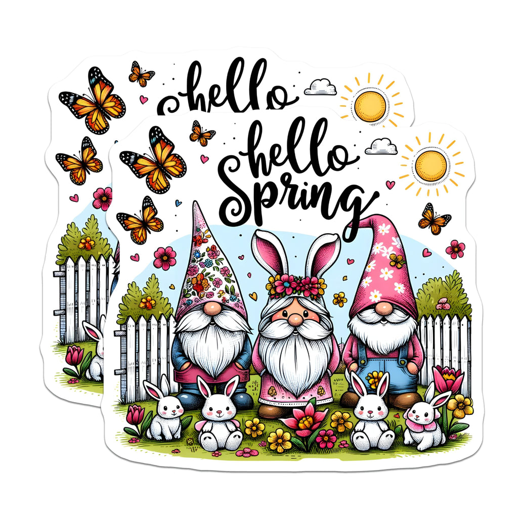 (2 Pack) Hello Spring Magnets - Gnome Bunny Garden Decor - Cute Spring Gnome Art - 5" On Longest Side - for Cars, Fridges, Toolboxes - Made in USA - MAG7999