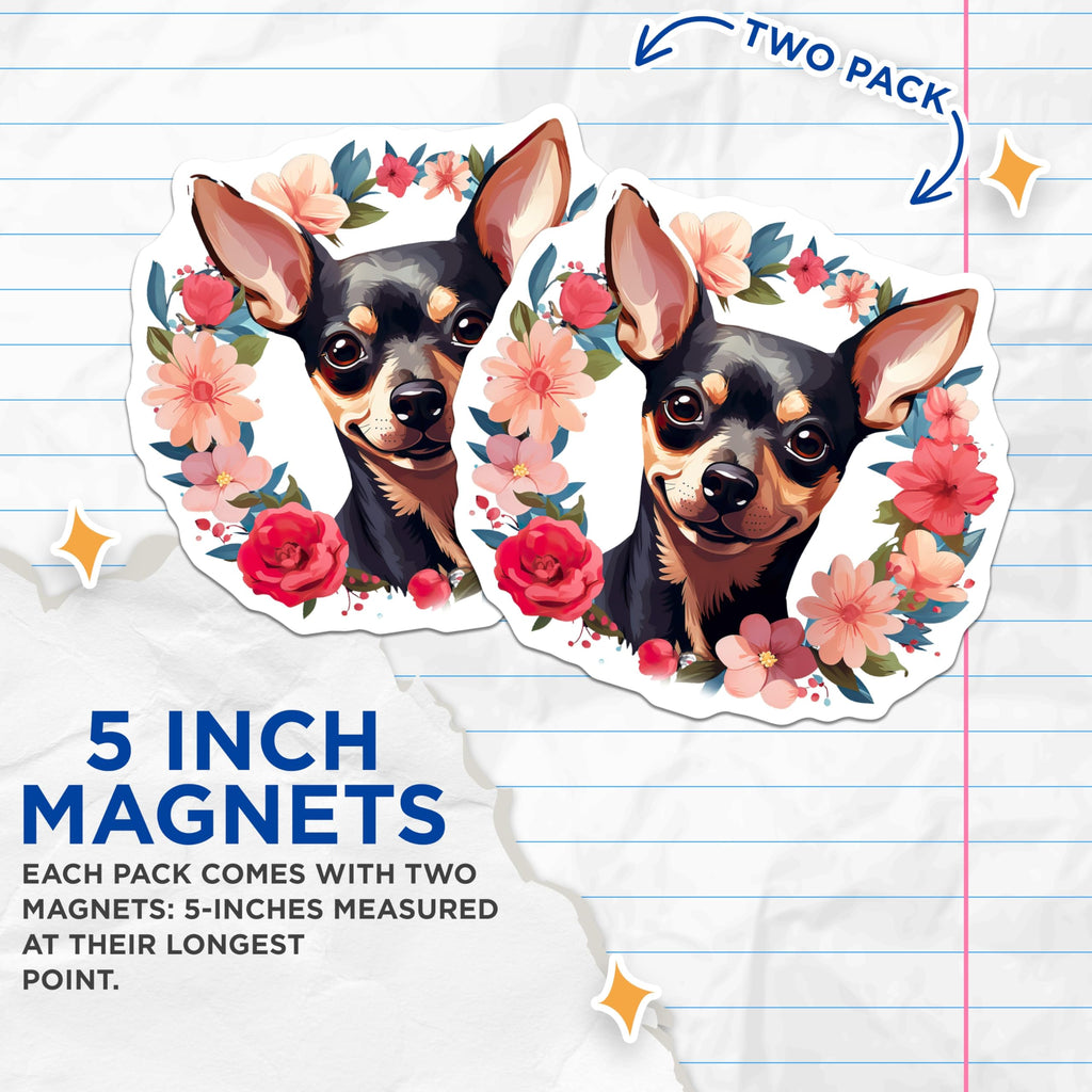 (2 Pack) Chihuahua Floral Magnets - Dog Lover Decor - Cute Pet Art for Fridge - 5 Inches On Longest Side - Thick Durable Magnet - Made in USA - MAG30027