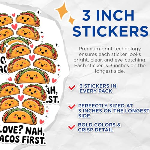 (3 Pack) Taco Decals - Love Tacos - Foodie Decal - 3 Inches On Longest Side - Easy Peel & Apply - Made in USA - 3MCS1784