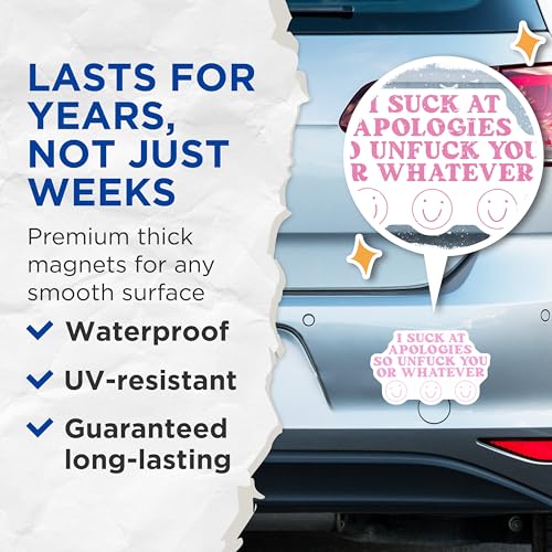 (2 Pack) Funny Quote Magnets Magnets - Humorous Apology Message - Pink Letters Emoticons - 5" On Longest Side - Made in USA - Sticks to Refrigerators & Metal Surfaces - MAG8482