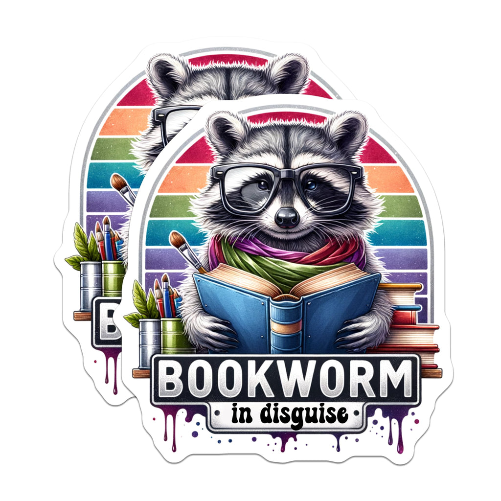 (2 Pack) Bookworm in Disguise Stickers - Cute Raccoon Stickers - Reading Stickers for Book Lovers and Kids - 5" On Longest Side - Sticks to Smooth Flat Surfaces - Made in USA - BMCS4537