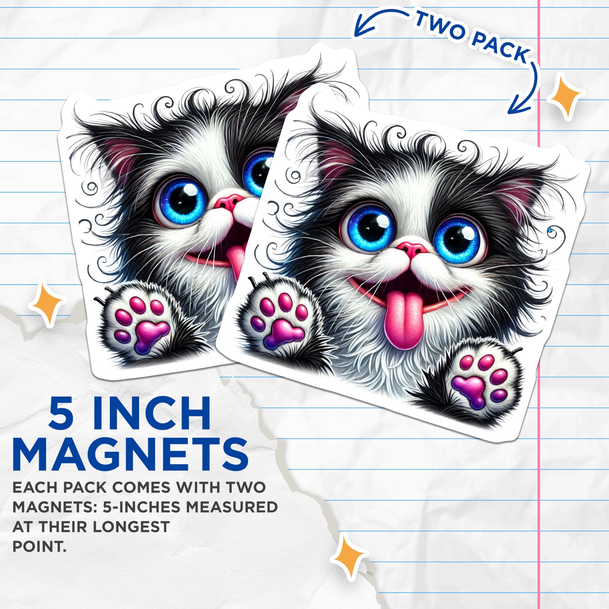 (2 Pack) Goofy Cat Magnets - Cute Kitten Art - Fun Animal Decor - 5" On Longest Side - Premium Magnet - for Cars, Refrigerators, Toolboxes, Lockers - Made in USA - MAG16087