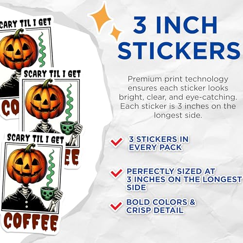 (3 Pack) Halloween Decals - Pumpkin Skeleton - Coffee Laptop - 3 Inches On Longest Side - Easy Peel & Apply - Made in USA - 3MCS8541