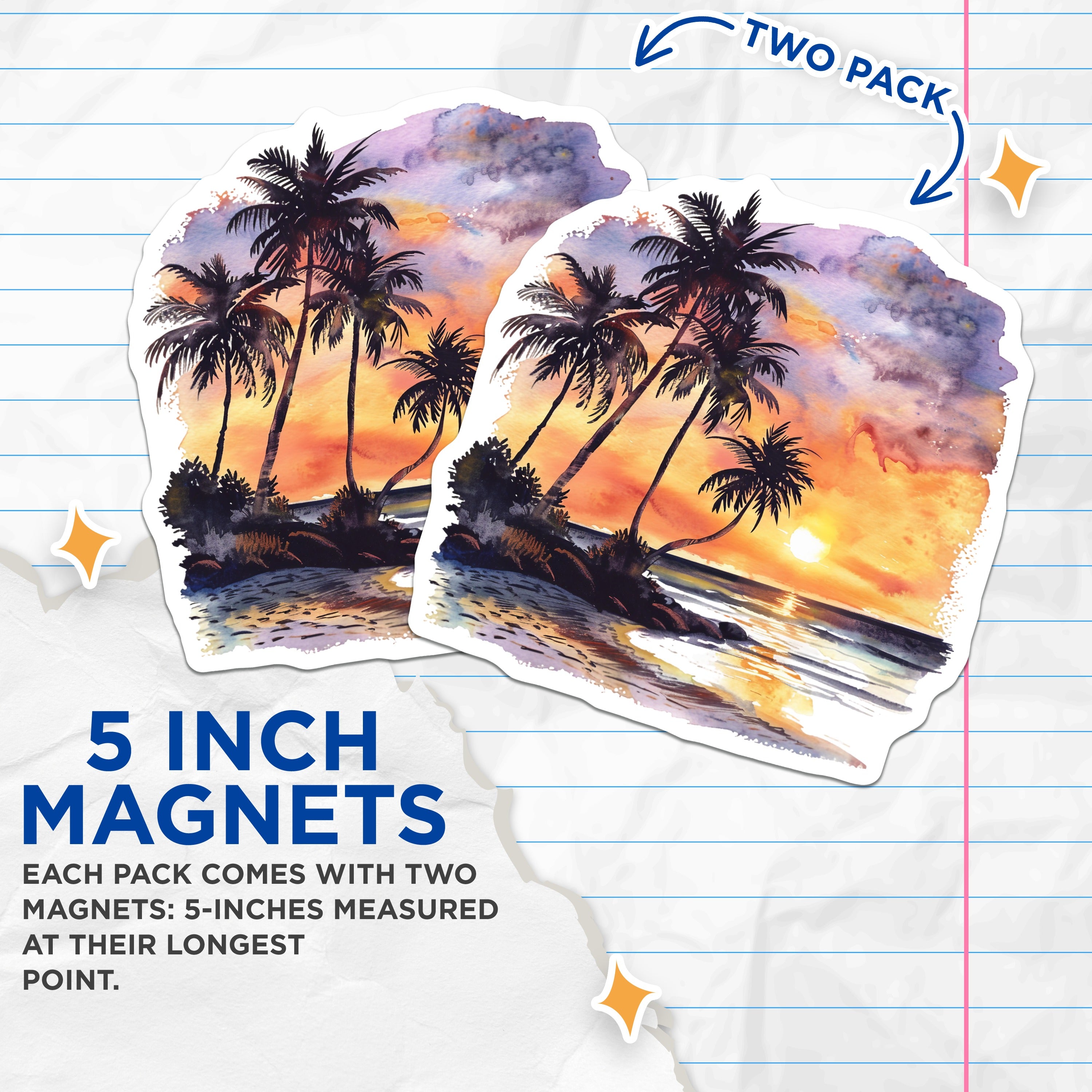 (2 Pack) Tropical Sunset Magnets - Beach Ocean Watercolor Art - Palm Tree Vacation Scene Decor - 5 Inches On Longest Side - Thick Durable Magnet - Made in USA - MAG36986