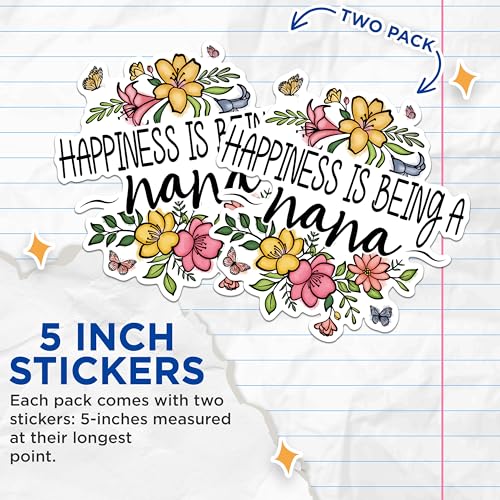 (2 Pack) Happiness is Being A Nana Stickers - Nana Floral Quote Stickers - Happiness Quote Stickers - 5" On Longest Side - Sticks to Any Smooth Flat Surface - Made in USA - BMCS3010
