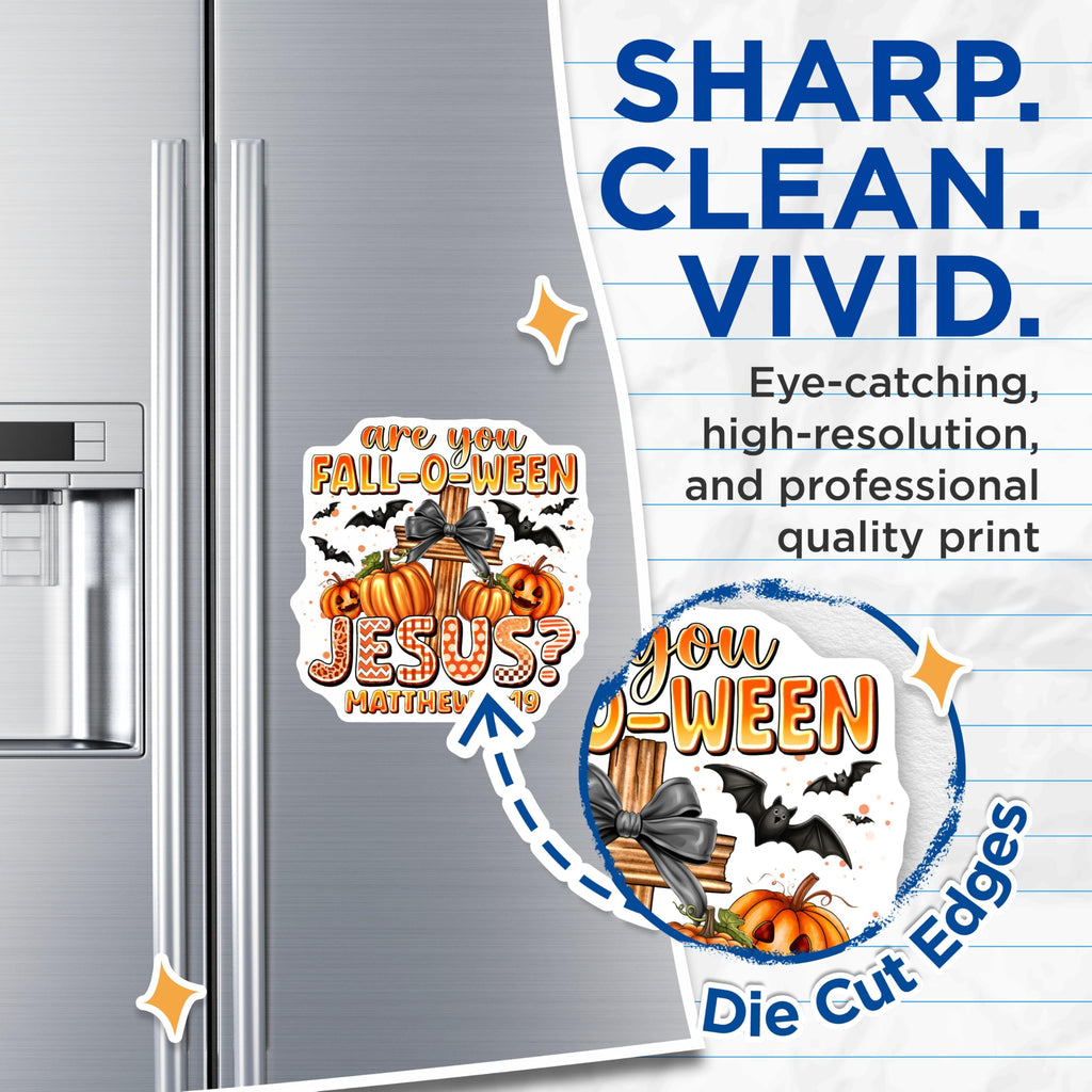 (2 Pack) Fall-O-Ween Jesus Magnets - Christian Halloween Decor - Matthew 4:19 Faith Magnets - Autumn Religious Display - 5 Inches On Longest Side - Thick Durable Magnet - Made in USA - MAG29351