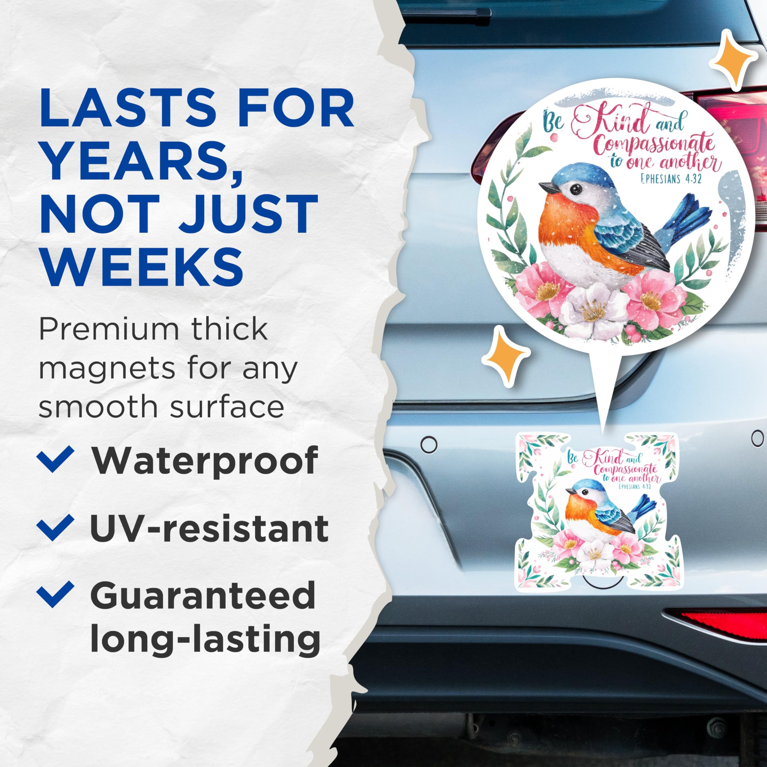 (2 Pack) Be Kind and Compassionate to One Another Magnets - Ephesians 4:32 Bible Verse - 5 Inches On Longest Side - Premium Magnet - for Cars, Refrigerators, Toolboxes - Made in USA - MAG2162