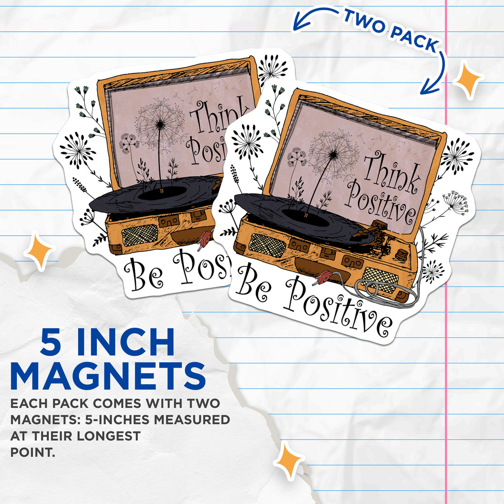 (2 Pack) Positive Affirmation Magnets - Retro Record Player Decor - Dandelion Botanical Home Accents - 5 Inches On Longest Side - Thick Durable Magnet - Made in USA - MAG37133