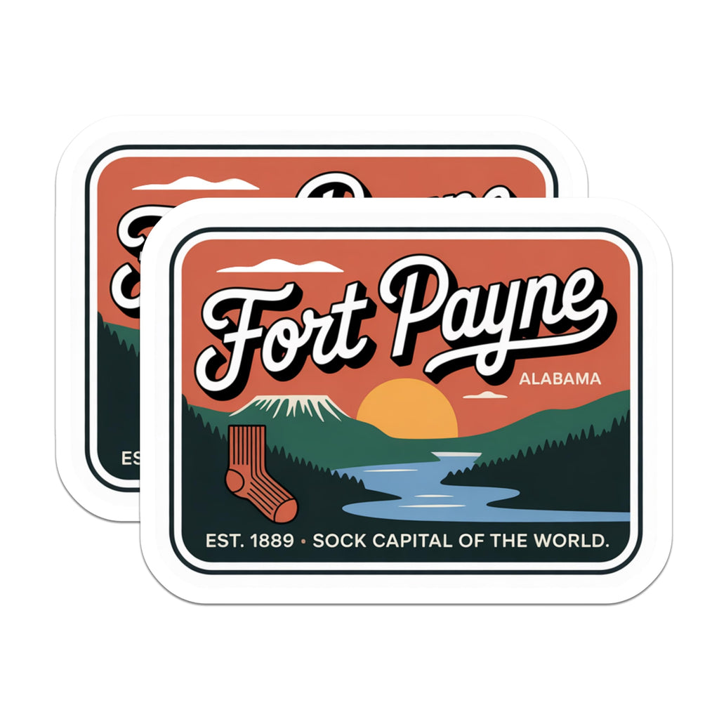 (2 Pack) Fort Payne Alabama Stickers - Sock Capital - Souvenir Stickers - 5" On Longest Side - Sticks to Smooth Flat Surfaces - Made in USA - BMCS18675