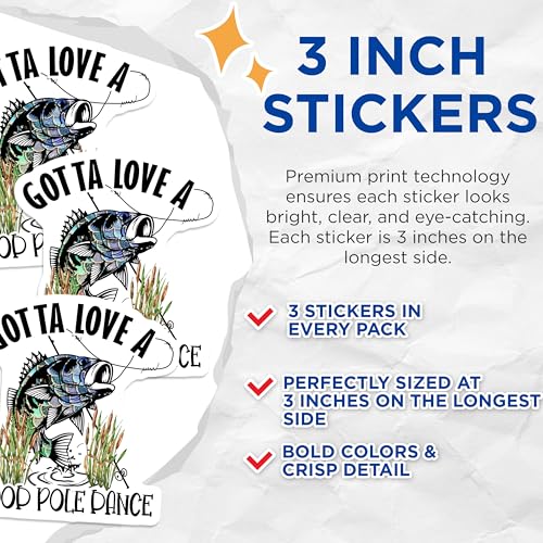 (3 Pack) Fishing Lover Decals - Funny Pole Dance - Bass Fishing Decal - 3 Inches On Longest Side - Easy Peel & Apply - Made in USA - 3MCS4397