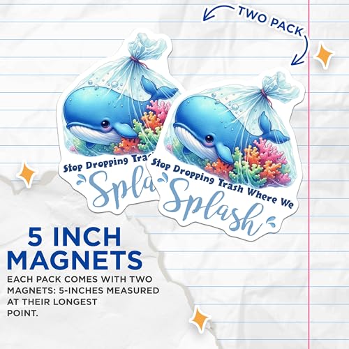 (2 Pack) Whale Water Conservation Magnets - Eco Friendly Save The Ocean - Cute Marine Life - 5" On Longest Side - for Cars, Fridges, Toolboxes - Made in USA - MAG7955