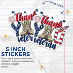 (2 Pack) Thank You Veteran Stickers - Patriotic Military - Appreciation Decals - 5" On Longest Side - Sticks to Smooth Flat Surfaces - Made in USA - BMCS8357