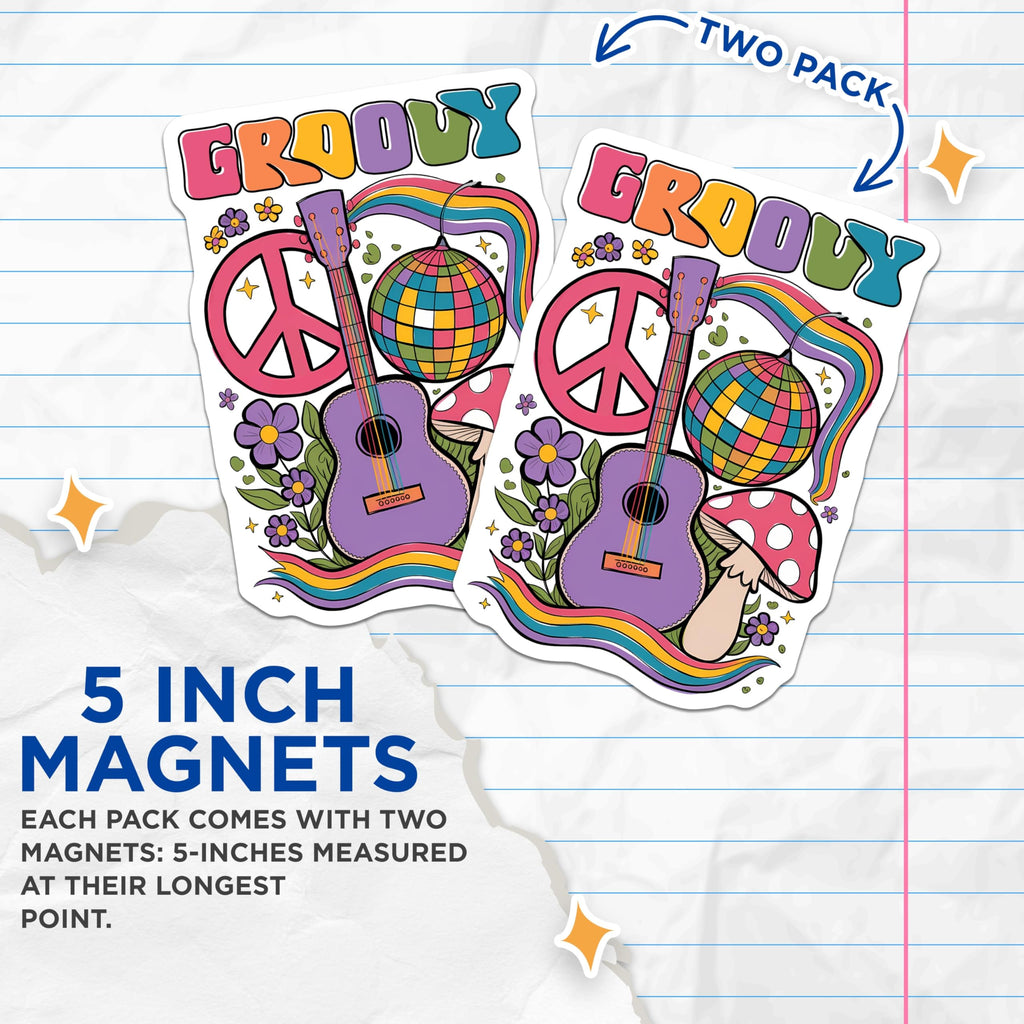 (2 Pack) Groovy Magnets - 70s Theme Decorations - Retro Fridge Magnets - 5" On Longest Side - Premium Magnet - for Cars, Refrigerators, Toolboxes, Lockers - Made in USA - MAG14982