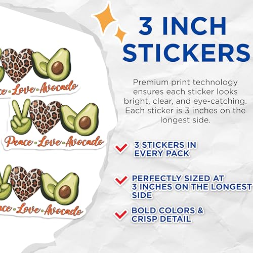 (3 Pack) Avocado Laptop Decals - Peace Love Avocados - Leopard Heart Decals - 3 Inches On Longest Side - Easy Peel & Apply - Made in USA - 3MCS7148