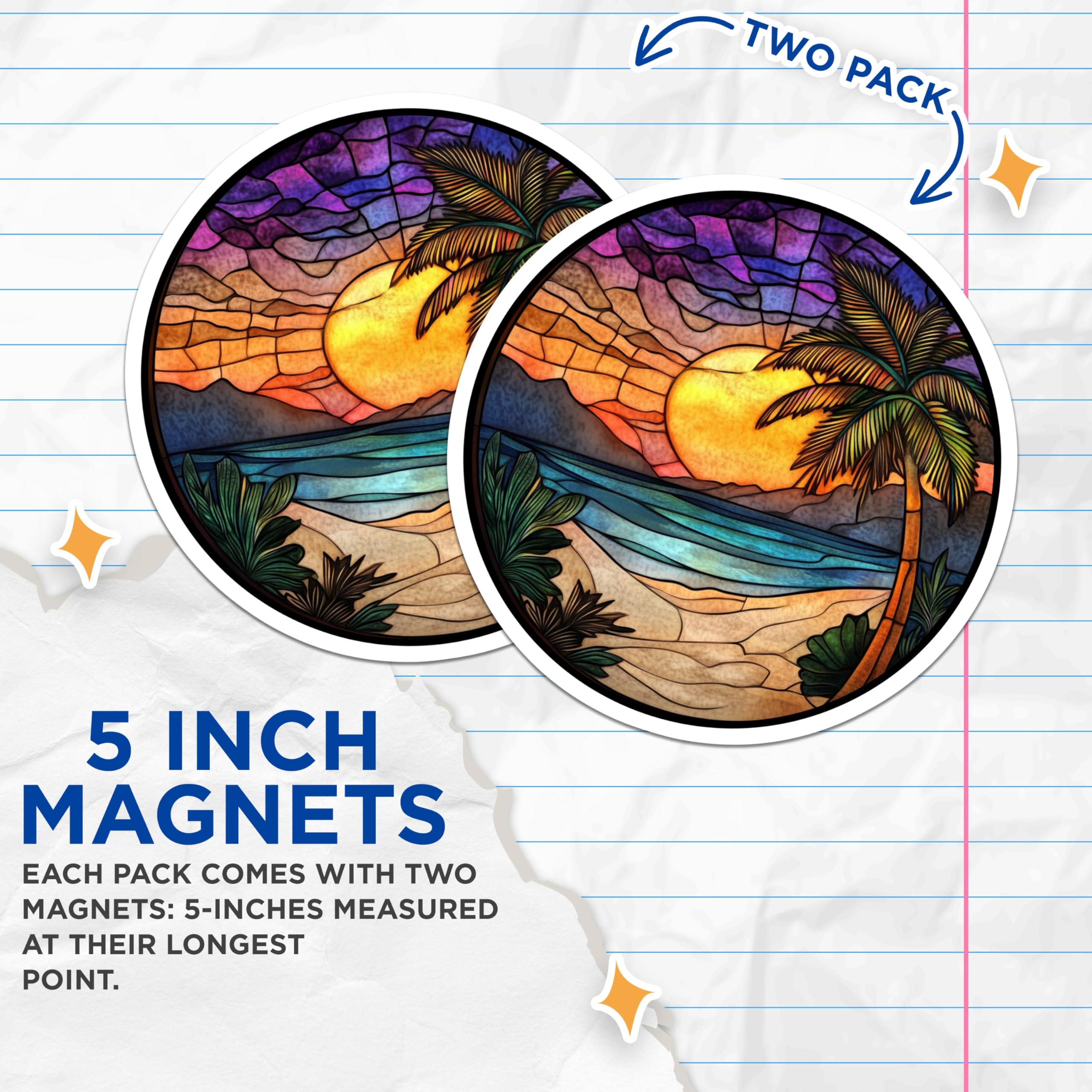 (2 Pack) Stained Glass Beach Magnets - Tropical Sunset Decor - Palm Tree Fridge Art - 5 Inches On Longest Side - Thick Durable Magnet - Made in USA - MAG26559