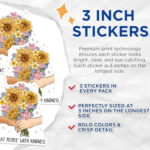 (3 Pack) Treat People with Kindness Decals - Flower Bouquet Stickers - Laptop Decal - 3 Inches On Longest Side - Easy Peel & Apply - Made in USA - 3MCS2939